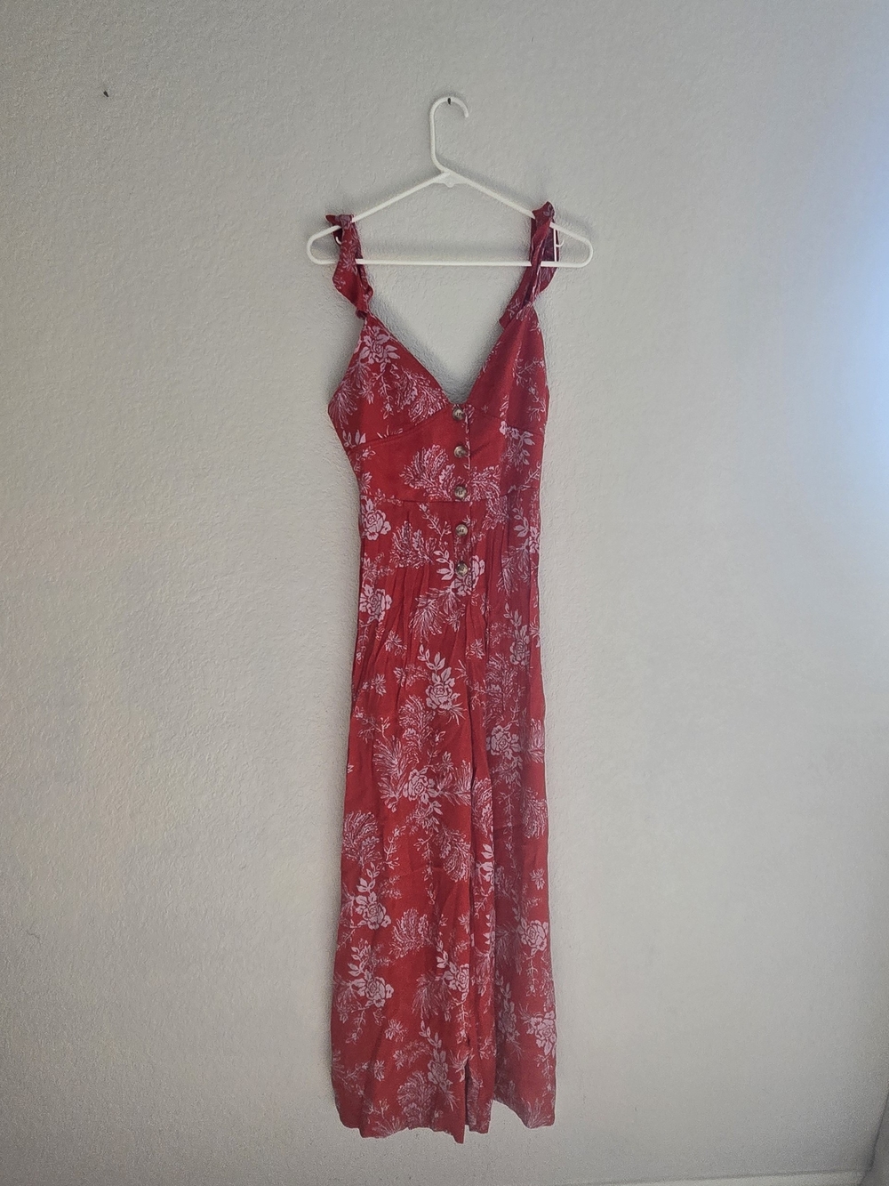 Free People Red Floral Romper Size 4 Button-Front Maxi Dress